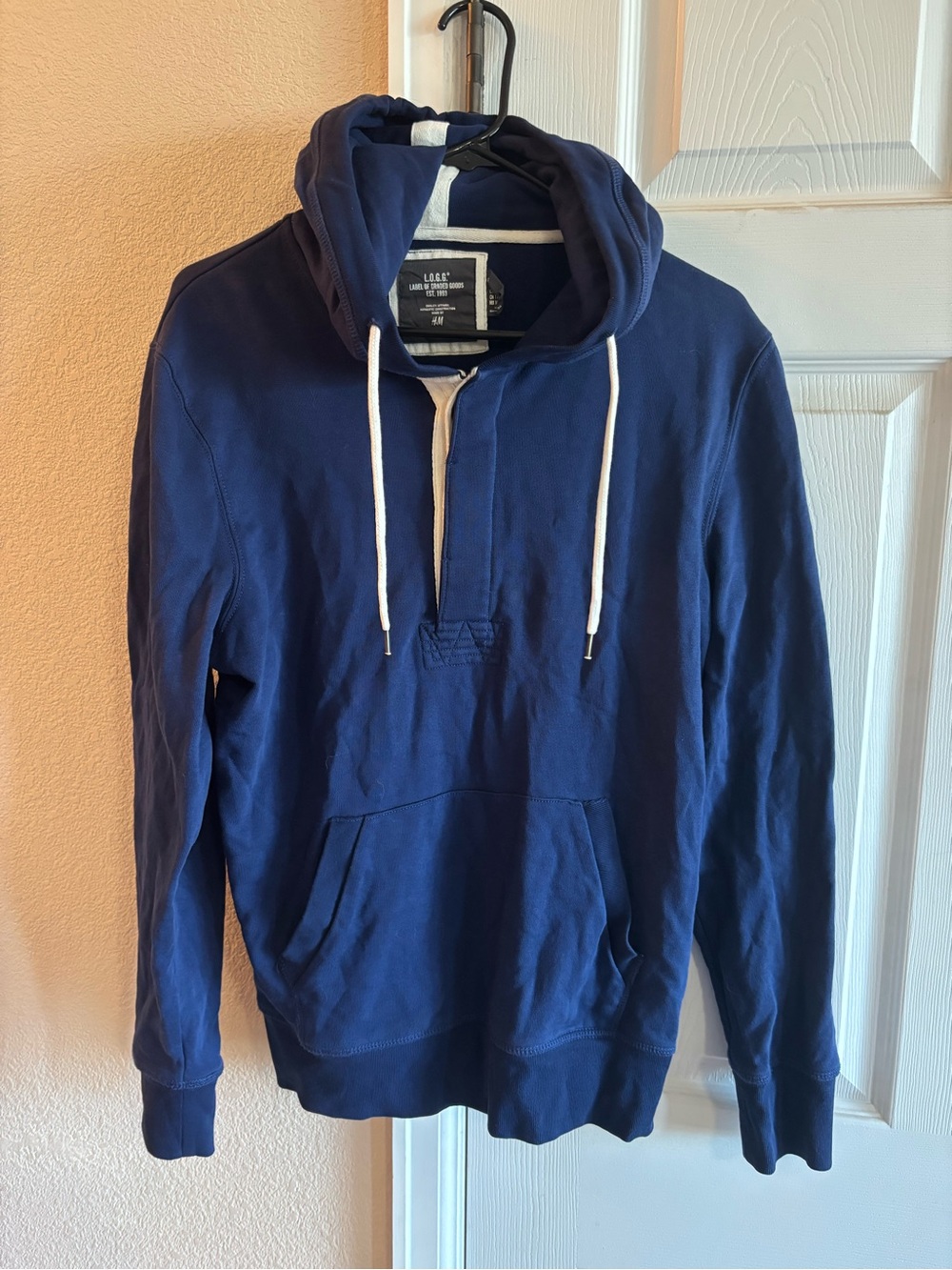 H&M Navy Blue Hooded Pullover with White Drawstrings